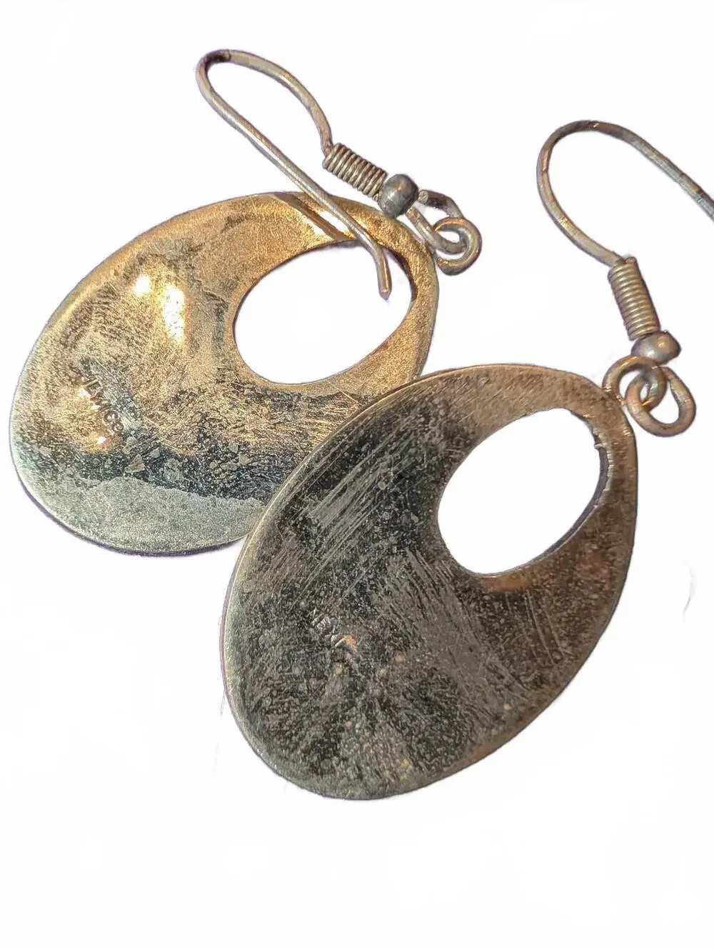 Vintage Alpaca Mexico Oval Abalone Shell Drop Earrings with Brass Hooks
